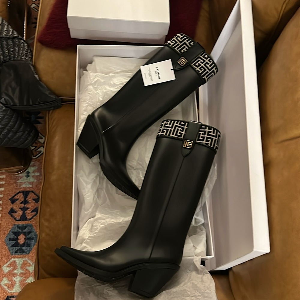 Balmain Black Rubber Tall Cowboy Rain Boots with heel Womens Size EU 38 US 8